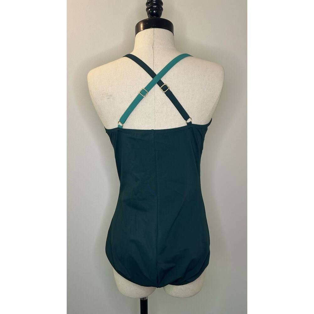 LANDS' END Green Two Tone One Piece Swimsuit Built-In Bra V-Neck Womens 14 - Picture 3 of 6